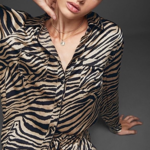ETCETERA ANINE BING Zebra Print Silk Button-Up Blouse Brown Tan Silk Spandex 4 - Picture 1 of 6